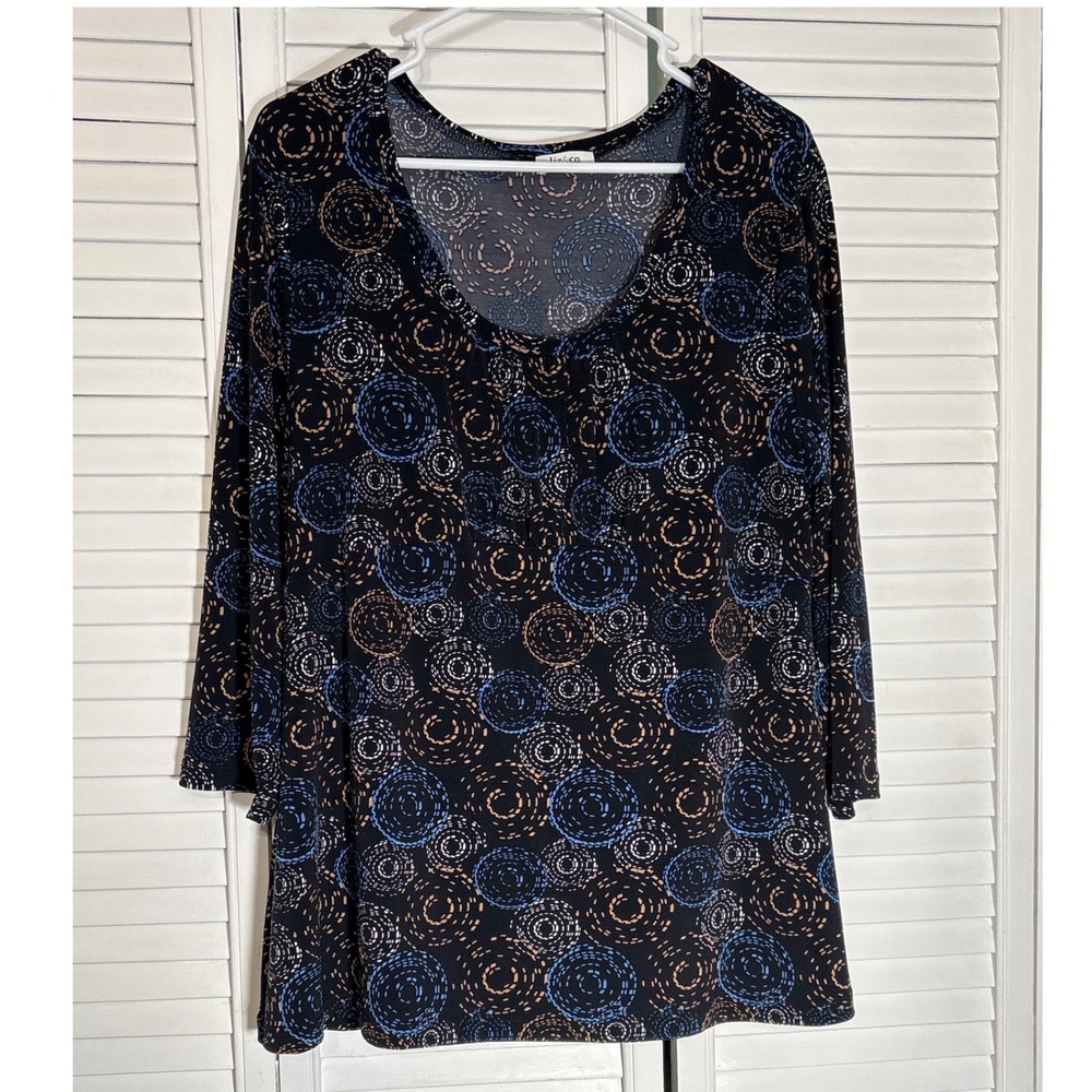Liz & Co Woman Black Blue Geometric Circle Print 3/4 Sleeve Scoop Neck Tunic XL